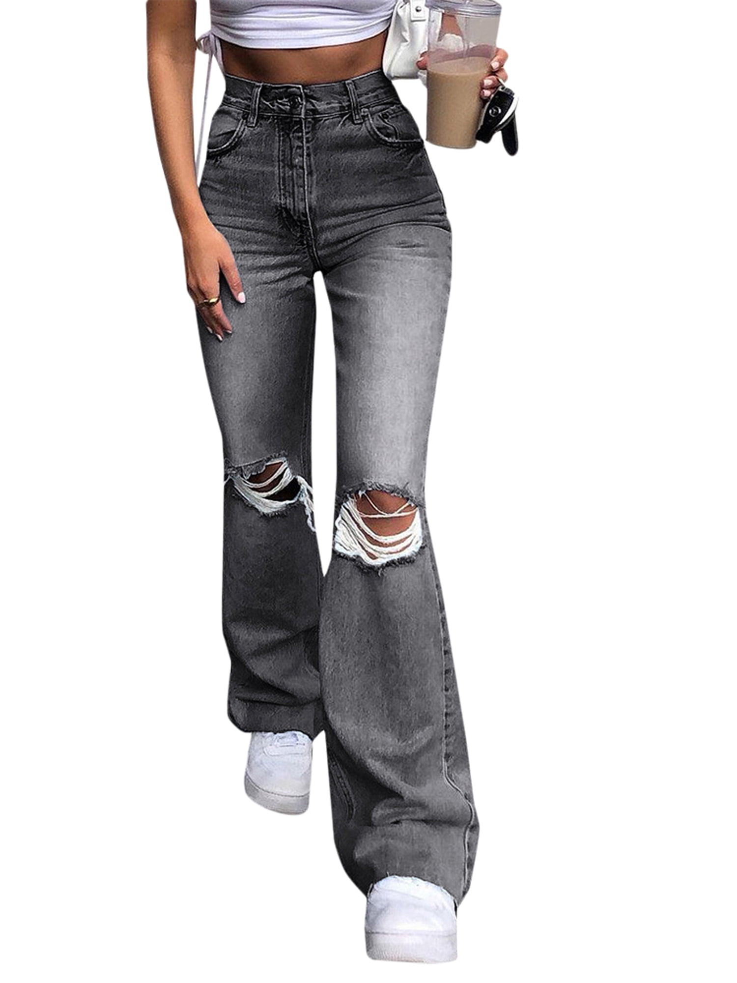 Women High Waist Ripped Long Pants 