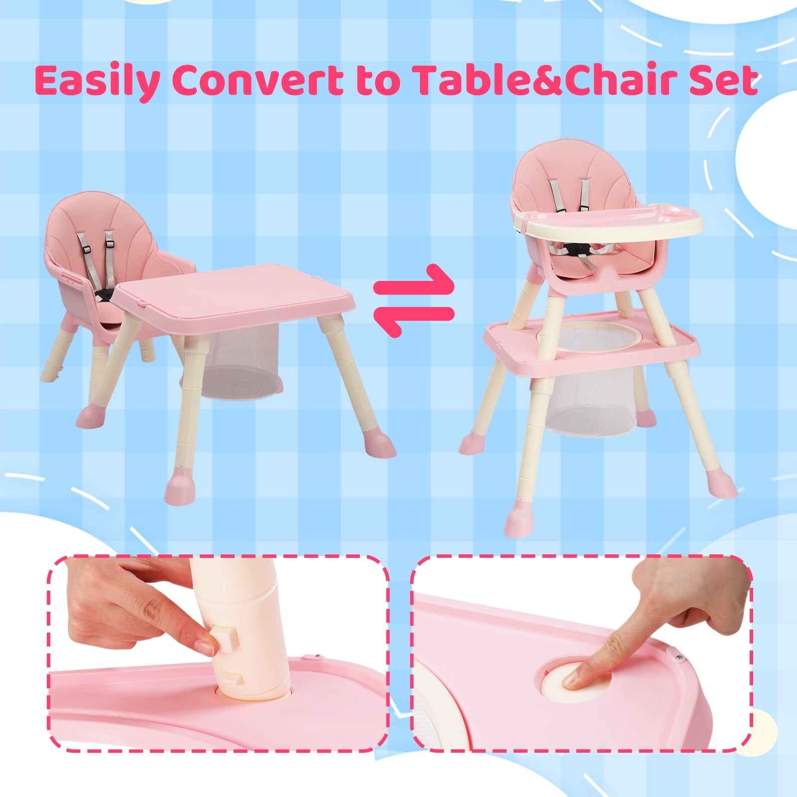 PEXMOR 7 in 1 Convertible Baby High Chair, Leather Cushion Eating Table Chair Set for Babies Toddlers, Pink