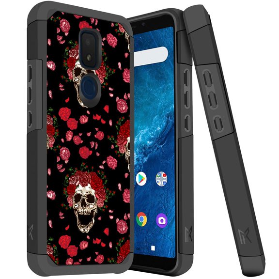 ANJ  Slim Dual Layer Hybrid Shockproof Case   Tempered Glass Cover for Cricket Icon 3, Splendor, AT&T Motivate 2 - Red Flowers Skulls