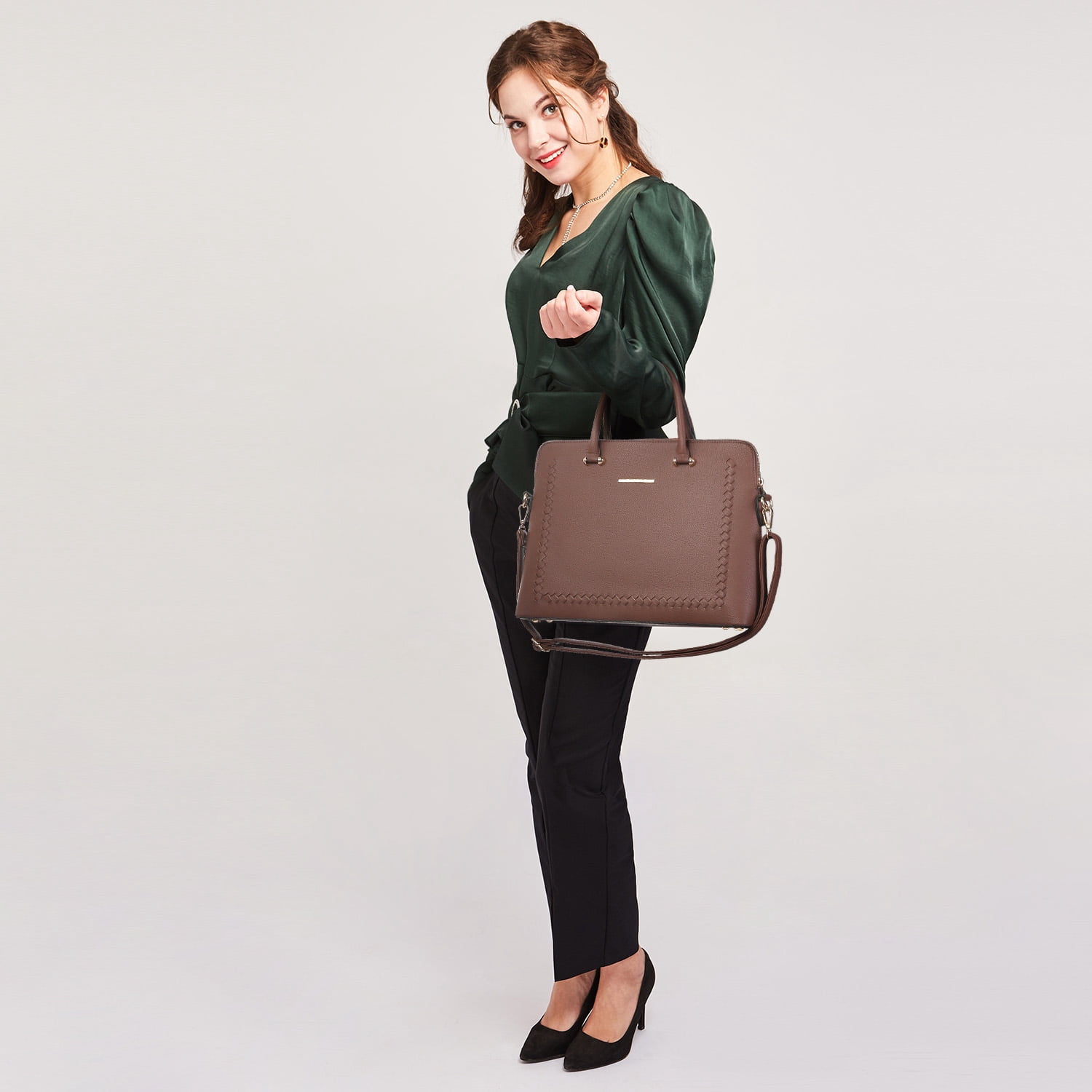 Dasein Women's Vegan Leather Structured Briefcase Handbag with Wristlet, Black, 2-Piece