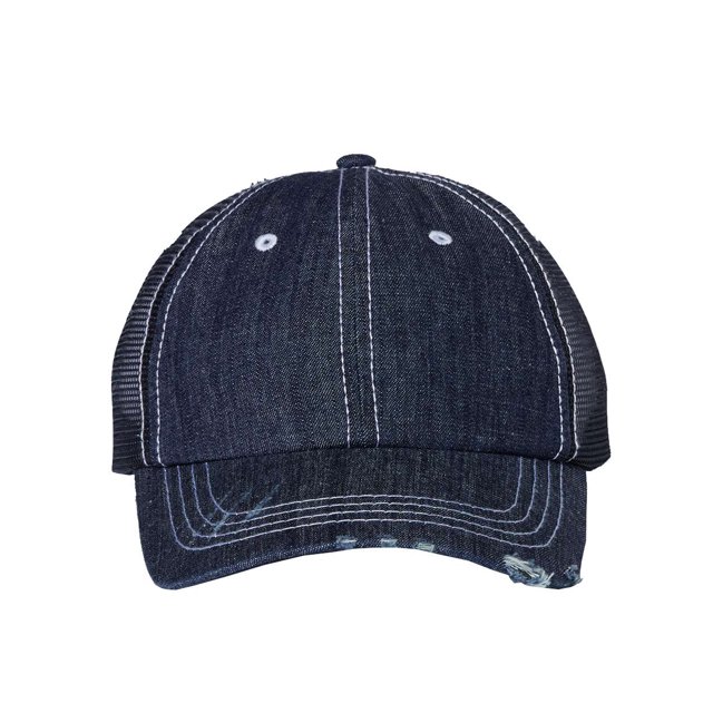 Mega Cap Herringbone Contrast Stitch Trucker Cap, Adjustable, Navy Denim-White