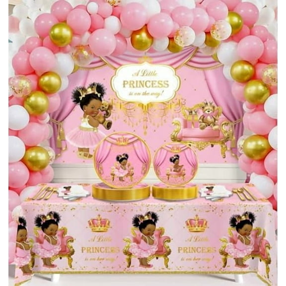 266pcs Royal Princess Baby Shower Decorations, Black Princess Baby Shower Supplies, Gold Pink Balloon Garland Kit, Disposable Dinnerware (Serve 24 Guests) Plates, Napkins, Backdrop,Tablecloth