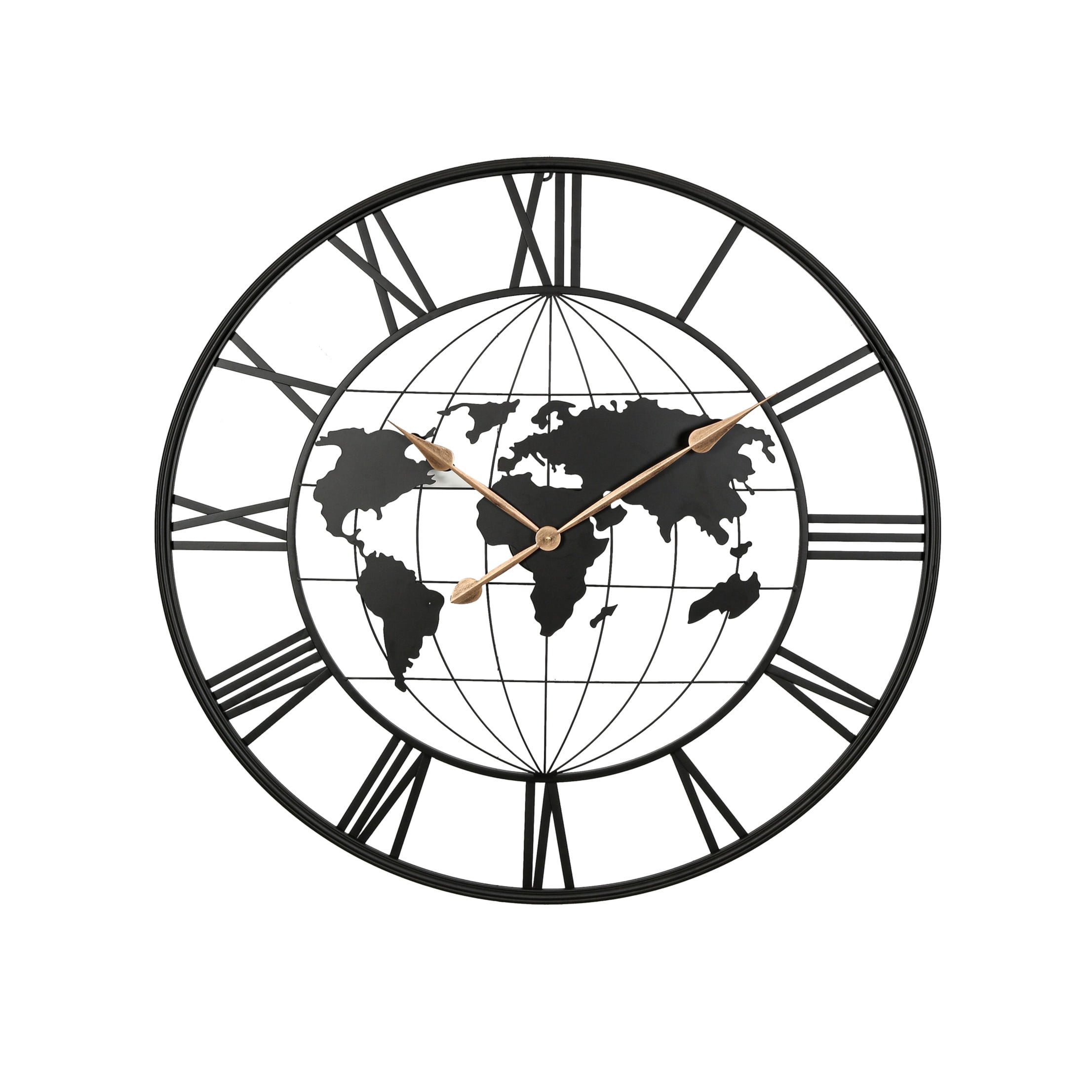 Noble House Large Black Metal World Map Wall Clock, Silent Modern Design with Gold Pointers, Decorative Clock for Home, Black Roman Numerals,Black + Gold