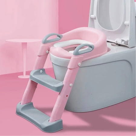 Potty Training Toilet Seat with Step Stool Ladder for Kids, Height Adjustable (Pink)