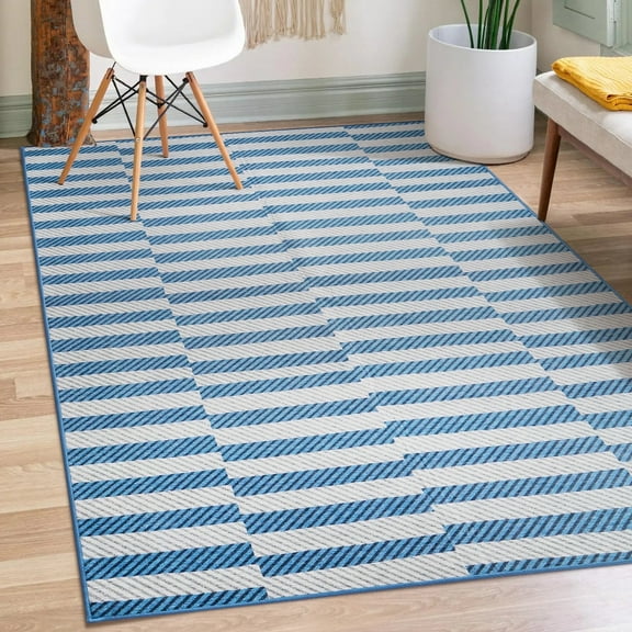 My Magic Carpet 5'x7' Machine Washable Area Rug for Dining Living Room - Tratti Offset Stripe Blue