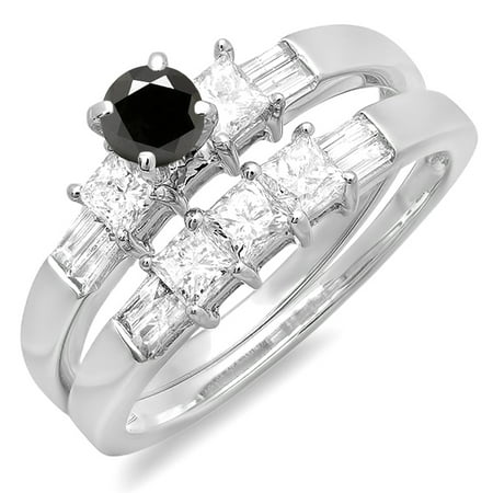 1.00 Carat (ctw) 18K White Gold Round Princess & Baguette Cut Black & White Diamond Ladies Bridal Engagement Ring Set 1