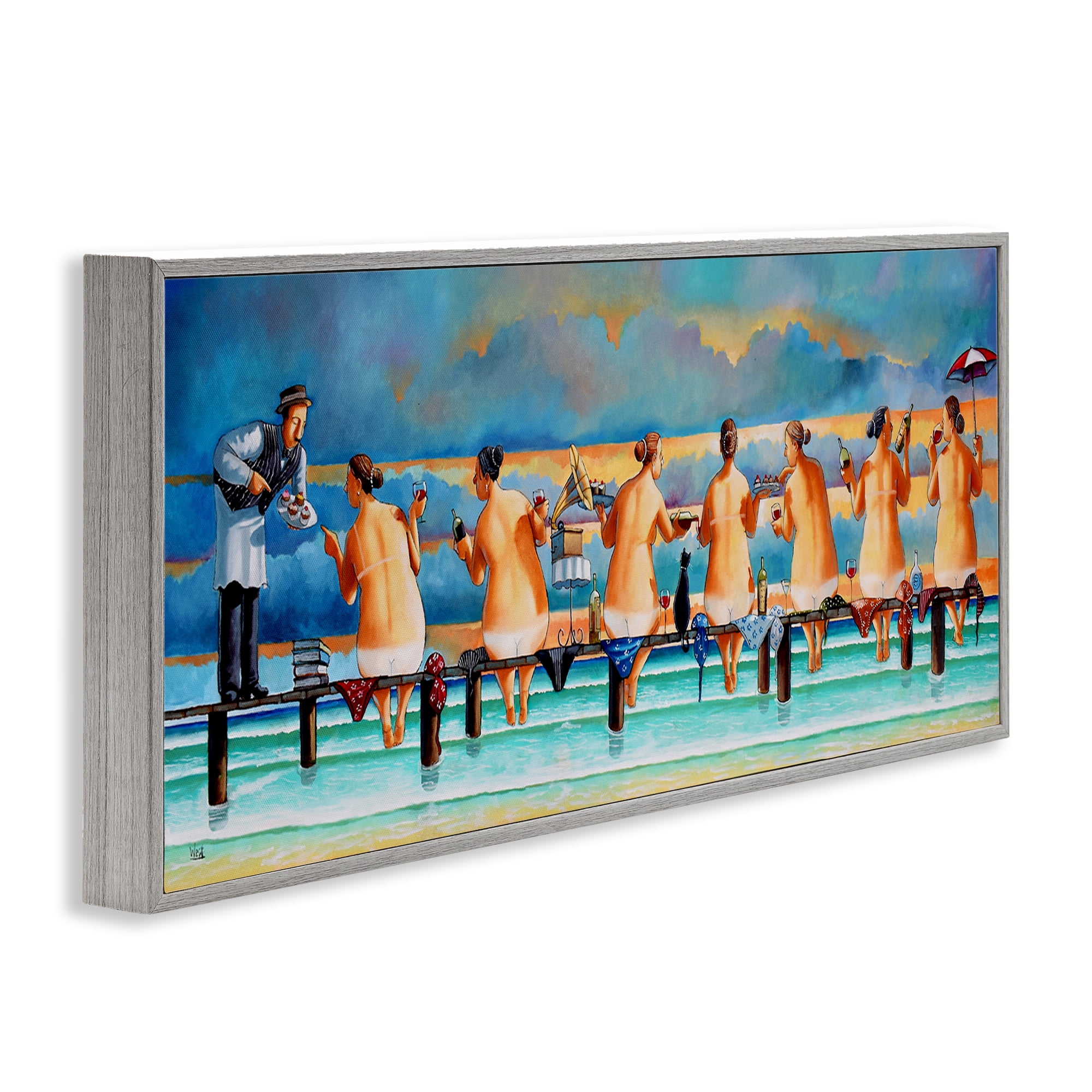 Stupell Industries Ladies Enjoying Beach Novelty Painting Gray Framed Art Print Wall Art, 24 x 10