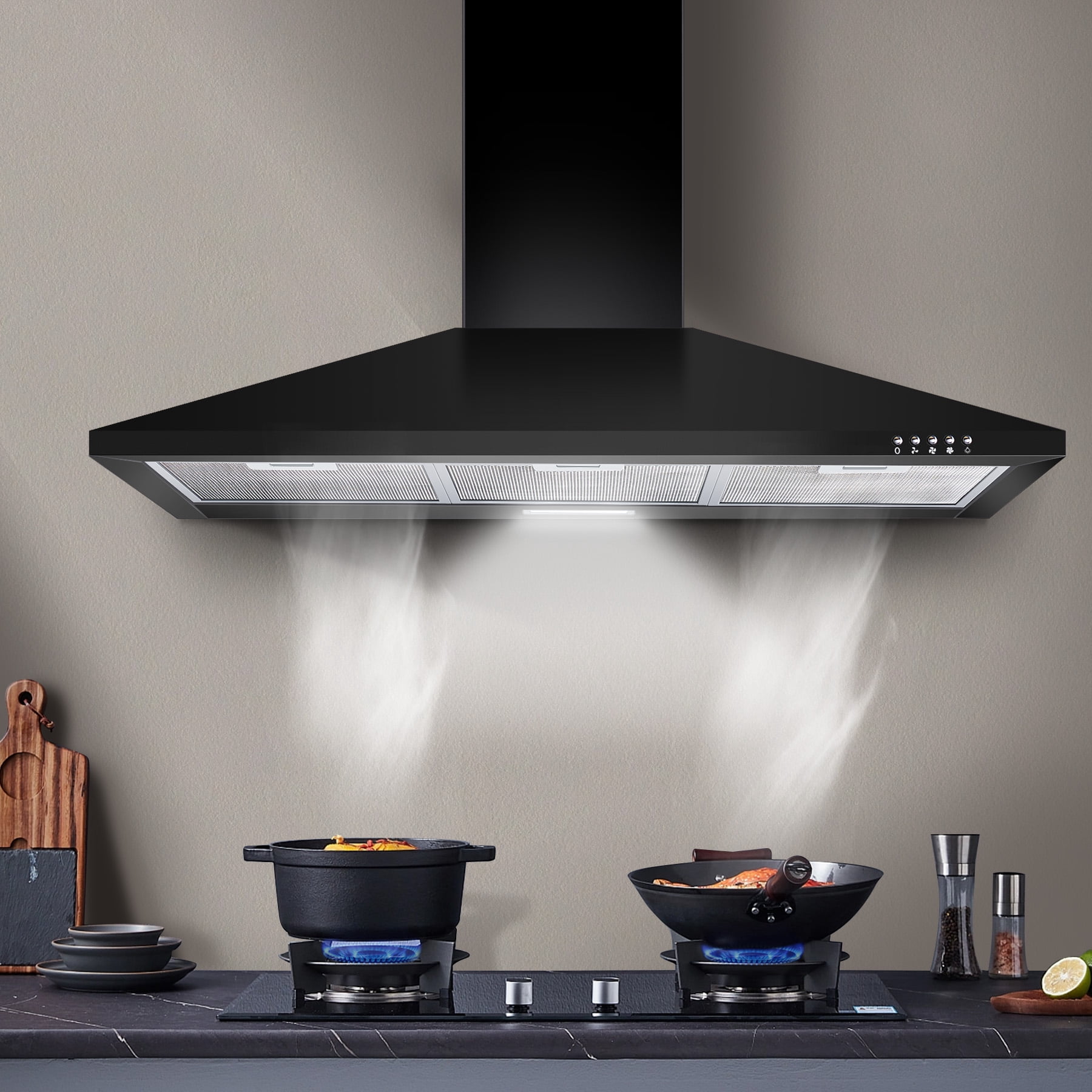 36 Inch Range Hood 450CFM Wall Mount Stainless Steel Kitchen Vent Hood Fan 3 Speed LED Light Chimney Hood Retractable black