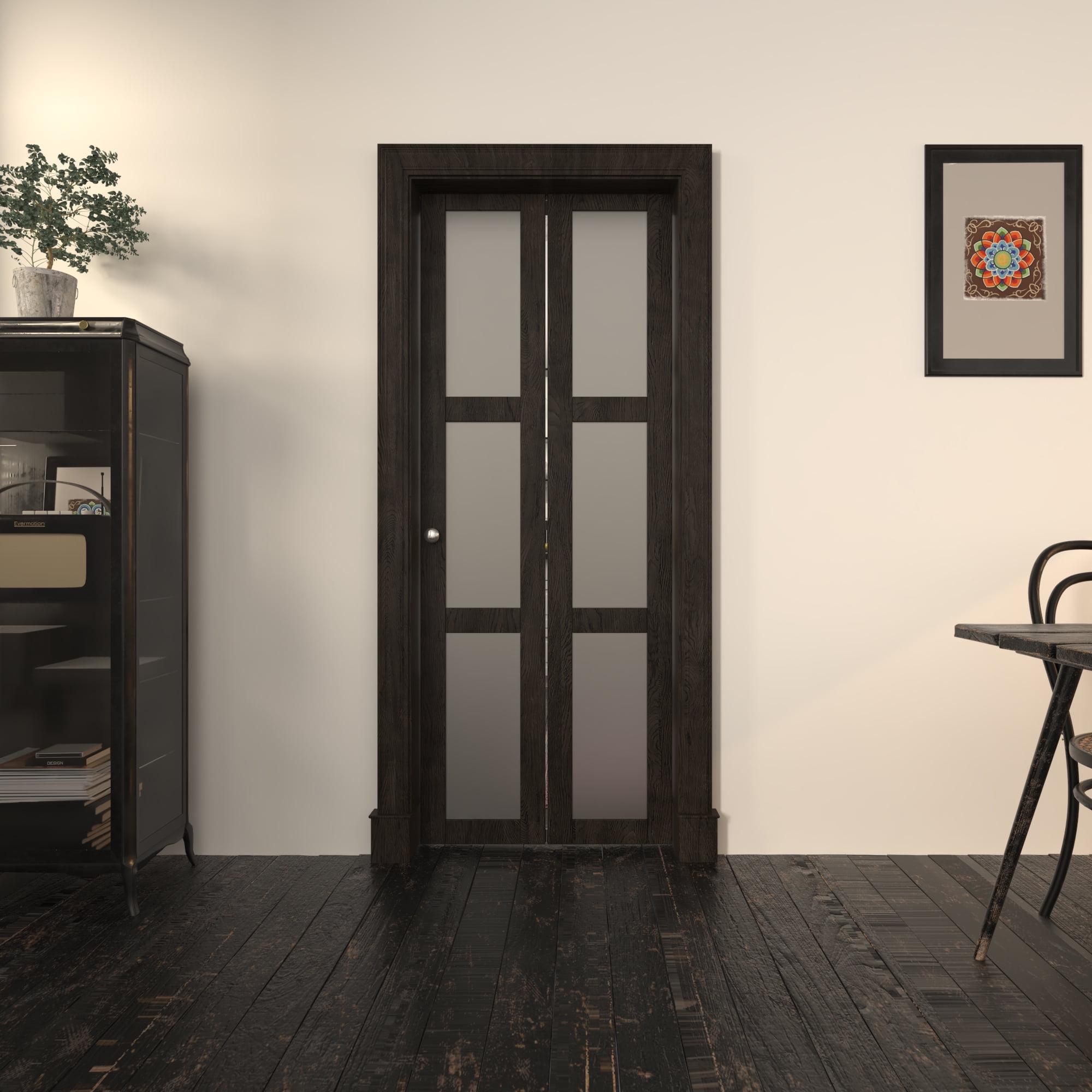 TENONER BiFold Doors, for 30in. x 80 in Opening, 3lite Tempered Frosted Glass Panel, MDF