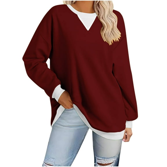 Tawop Sweatshirts for Women Womens Top Womens Sweatshirts Crew Neck Long Sleeve Colorblocked Drop Shoulder Wine S