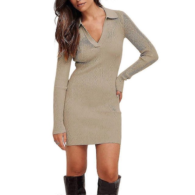 Women V Neck Long Sleeve Ribbed Bodycon Dress Fashion Slim Fit Mini Dresses