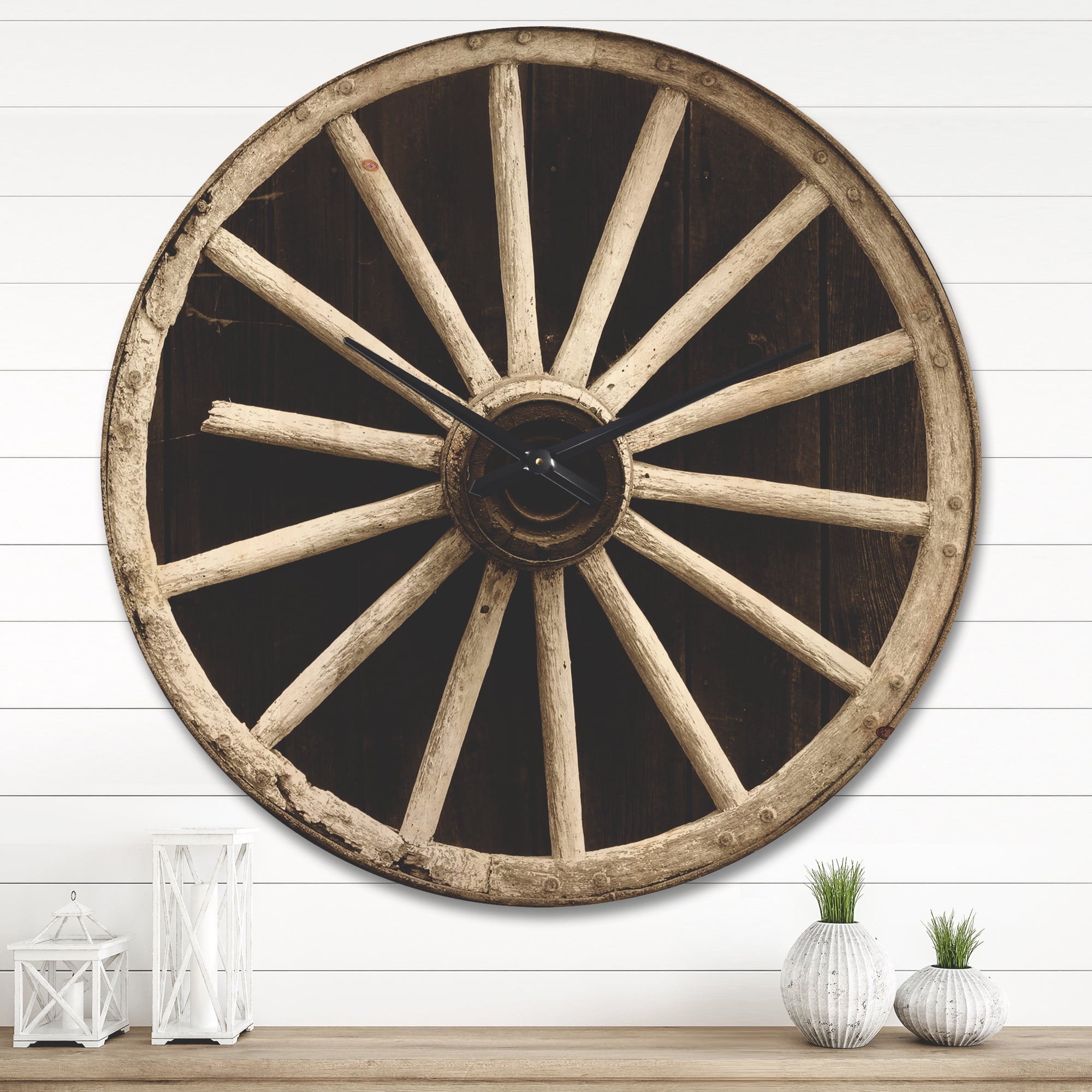 Designart 'Vintage Sepia Country Wagon Wheel Clock' Farmhouse Wood Wall Clock