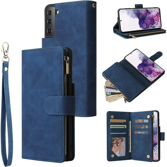 Wallet Case for Samsung Galaxy S21 Plus, Premium Vintage PU Leather Magnetic Closure Handbag Zipper Pocket Case Kickstand Card Holder Slots with Wrist Strap TPU Shockproof Flip Case - Blue