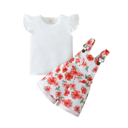 

Canrulo Toddler Baby Girls Ruffle Short Sleeve Tops T-Shirt Floral Suspender Pocket Shorts Summer Clothes White 2-3 Years