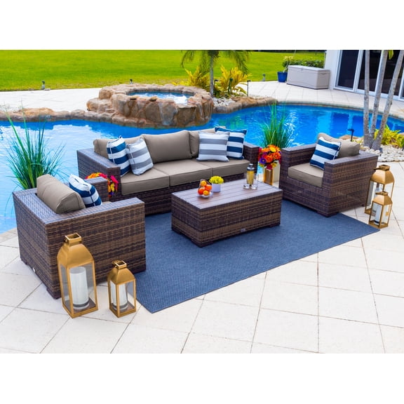 Sorrento 4-Piece M Resin Wicker Outdoor Patio Furniture Conversation Sofa Set in Brown w/Loveseat, Two Armchairs, and Coffee Table (Flat-Weave Brown Wicker, Sunbrella Canvas Taupe)