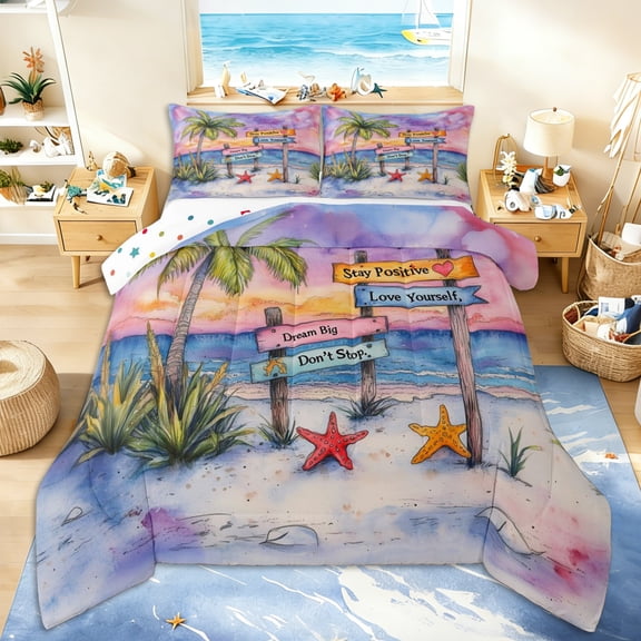 Erosebridal Watercolor Tropical Ocean Beach Full Size Comforter Sets 3 Pieces For Boys Girls,Teens Summer Holiday Palm Tree Starfish Bedding Sets,Super Cozy Room Decor