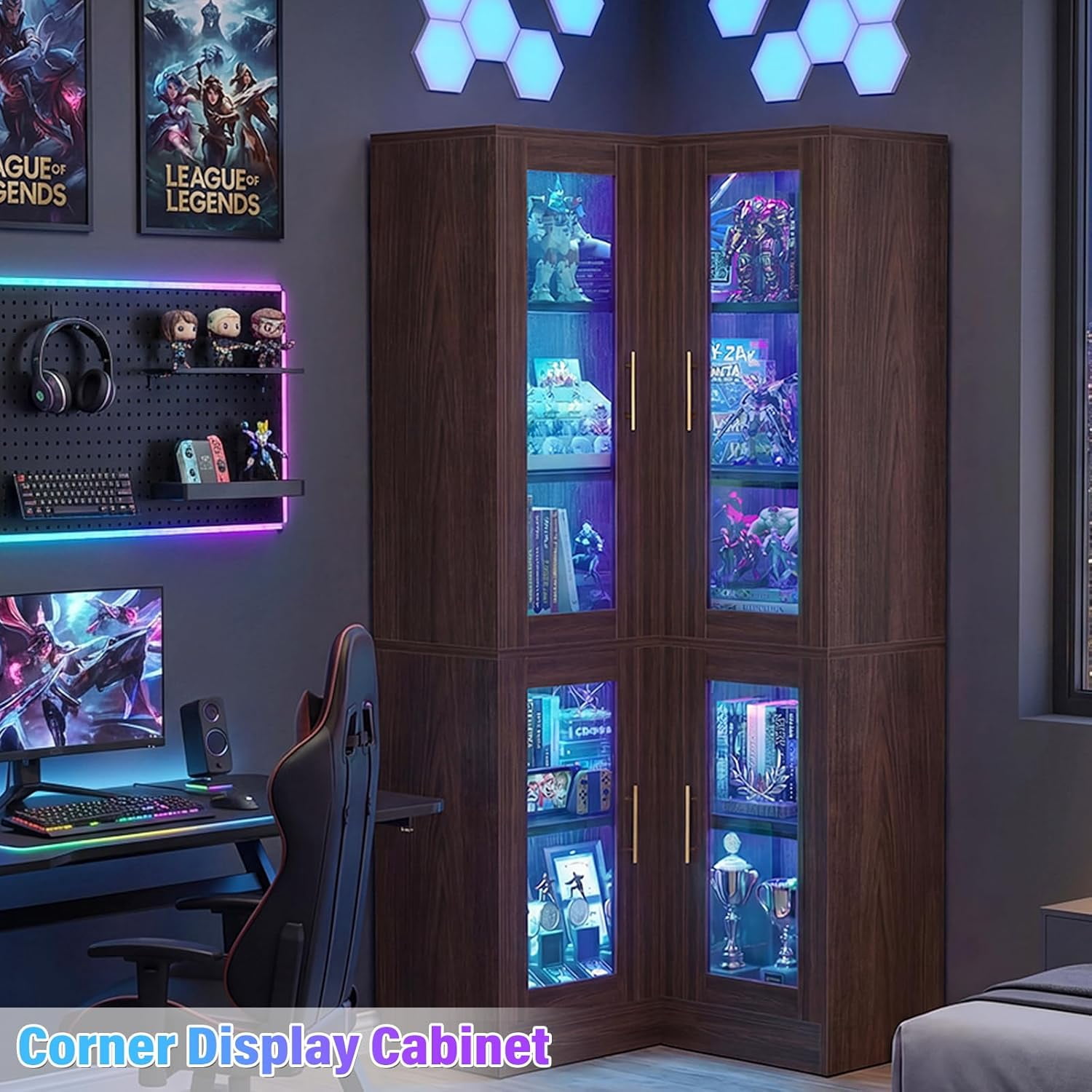 Homieasy 70'' Tall Corner Pantry Cabinet, L Shaped Kitchen Hutch Cabinet with LED Lights, Glass Doors & Adjustable Shelves, Storage Cabinet for Dining, Kitchen, Closet, Walnut