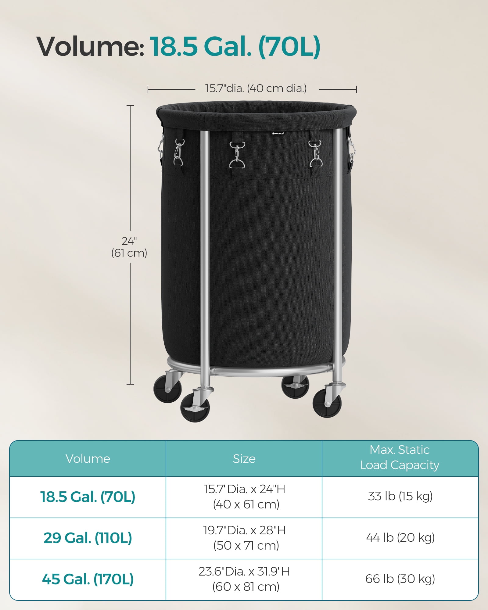 18.5Gal Laundry Hamper with Wheels Round Rolling Laundry Sorter Laundry Cart with Removable Bag for Laundry Room Black and Silver