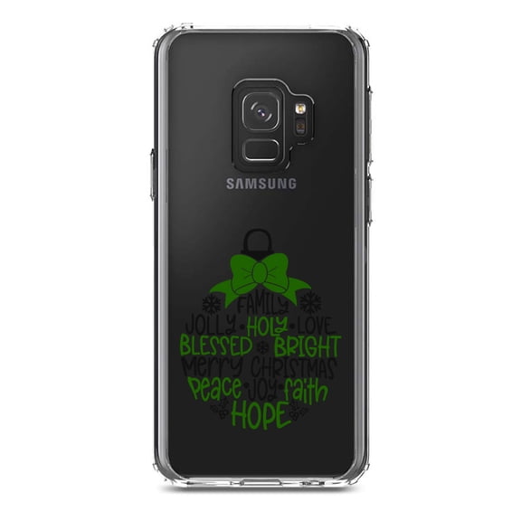 DistinctInk Clear Shockproof Hybrid Case for Samsung Galaxy S9 (5.8" Screen) - TPU Bumper Acrylic Back Tempered Glass Screen Protector - Christmas Words Ornament Black Green