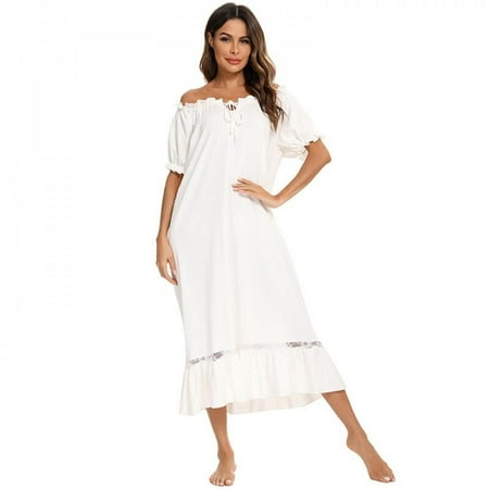 

Sonbest Summer Ruffle Nightgown Women Solid Color Retro Soft Sleepdress Ladies Loose Casual Cute Homewear Short Sleeve Nightdress White XXL