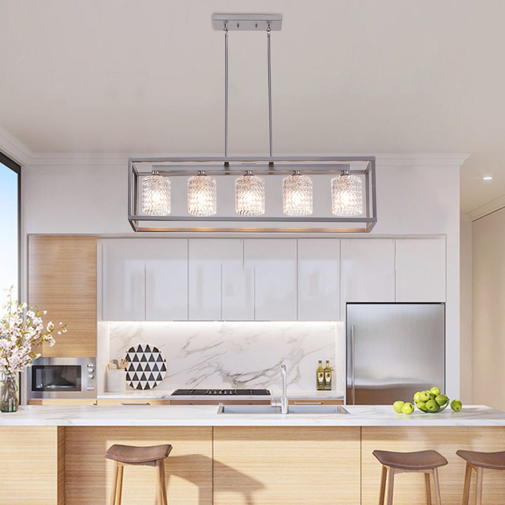 Vanity Art Elegant Cut Crystal 5Lights Linear Pendant Chandelier Lighting Clear Glass Shade