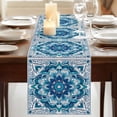 thumbnail image 3 of Teal Blue Floral Boho 120 Inch Table Runner, Abstract Tribal Ethnic Flowers Farmhouse Dresser Scarf Cotton & Linen Tablerunner for Dining/Kitchen Island/Holiday Party Décor 13" x 120", 3 of 9