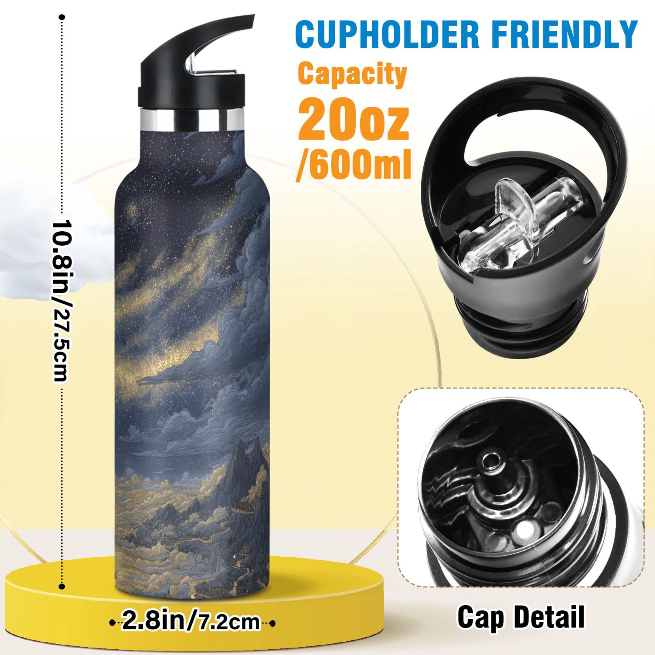 600ML Stainless Steel Insulated Cup Sports Water Bottle Portable Thermos Cup Water Glasses Insulated Tumblers Convenient and Durable Star Night