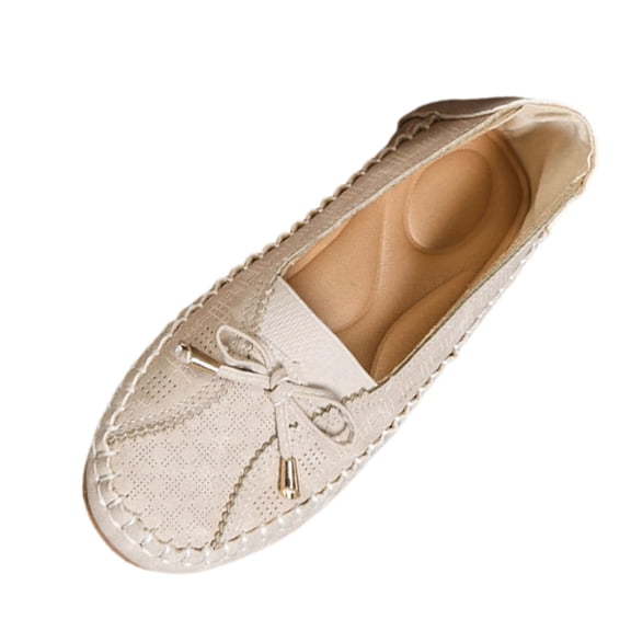 KEGIRLOM Women Fashionable Casual Solid Color Versatile Low Heel Round Toe Solid Color Elastic Flat Bottom Loafers Beige 9.5