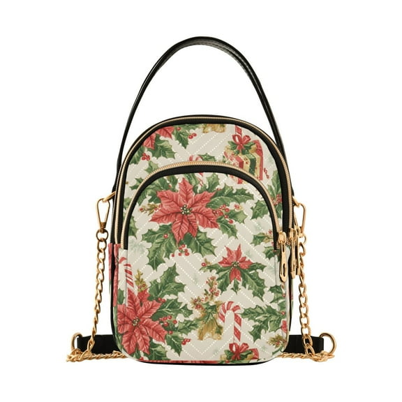 FORMRS Crossbody Bag for Women Quilted Travel Shoulder Cell Phone Purse with Chain Strap Handbag, Retro Christmas Holly