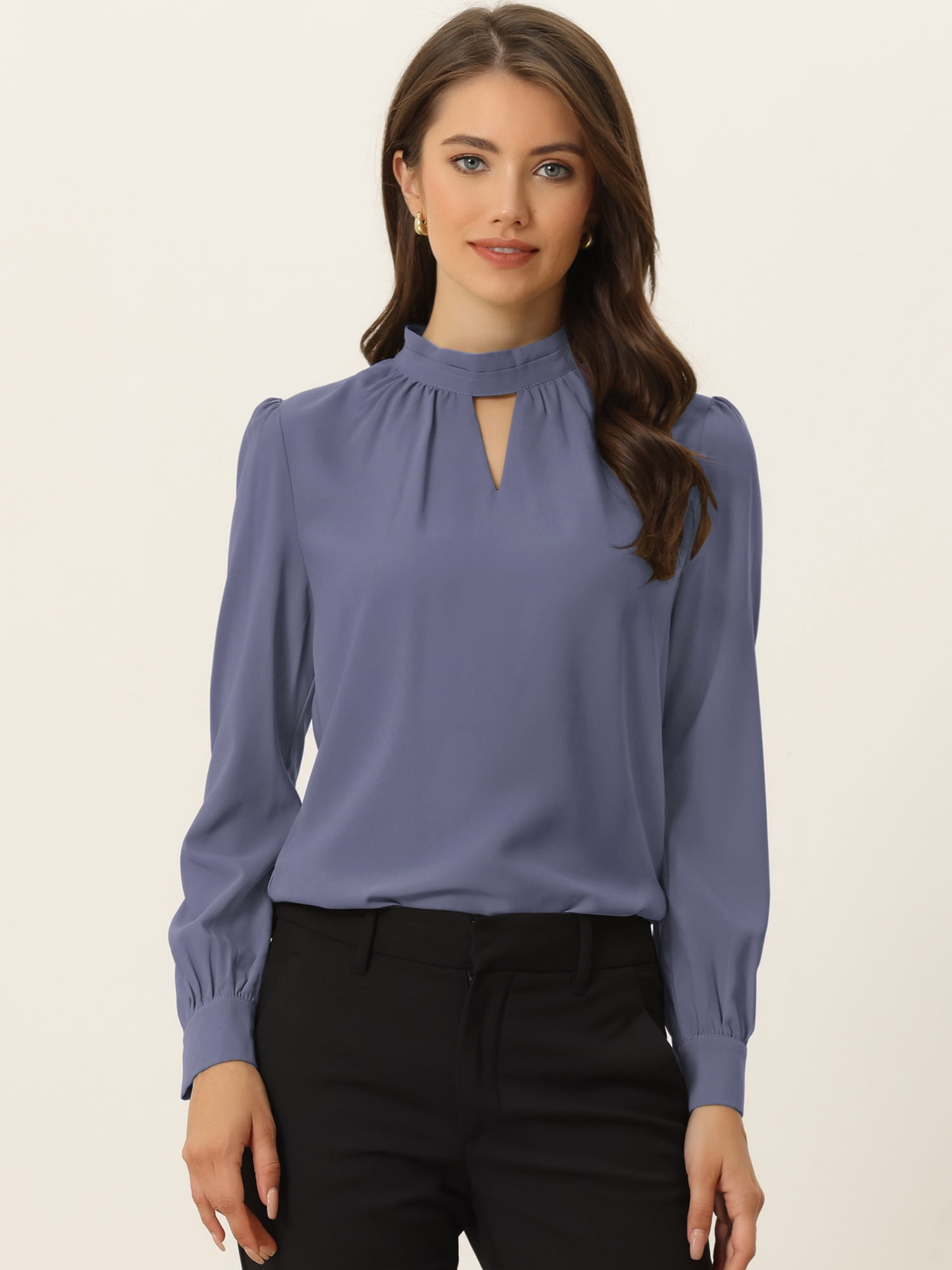 DARING DIVA Women's Stand Collar Long Sleeve Office Blouse S Purple-Grey