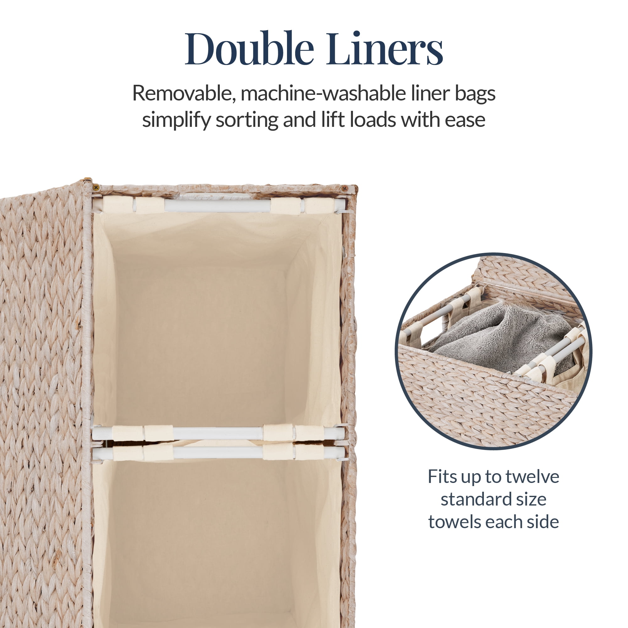 Best Choice Products Large Natural Water Hyacinth Double Laundry Hamper Basket w/ 2 Liner Bags, Handles - Whitewash