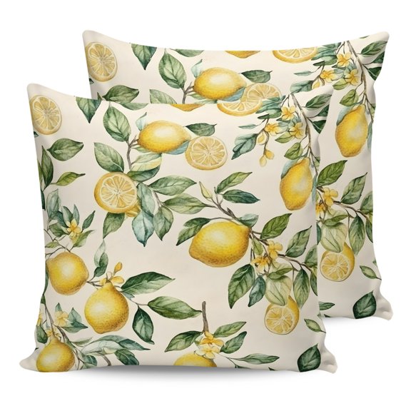 Waterproof Outdoor Throw Pillows with Inserts 18"x18" Set of 2,Yellow Lemon Decorative Pillowcases for Couch Bedroom,Spring Floral Flower Fruit Farmhouse Modern Pillow Covers for Sofa Living Room