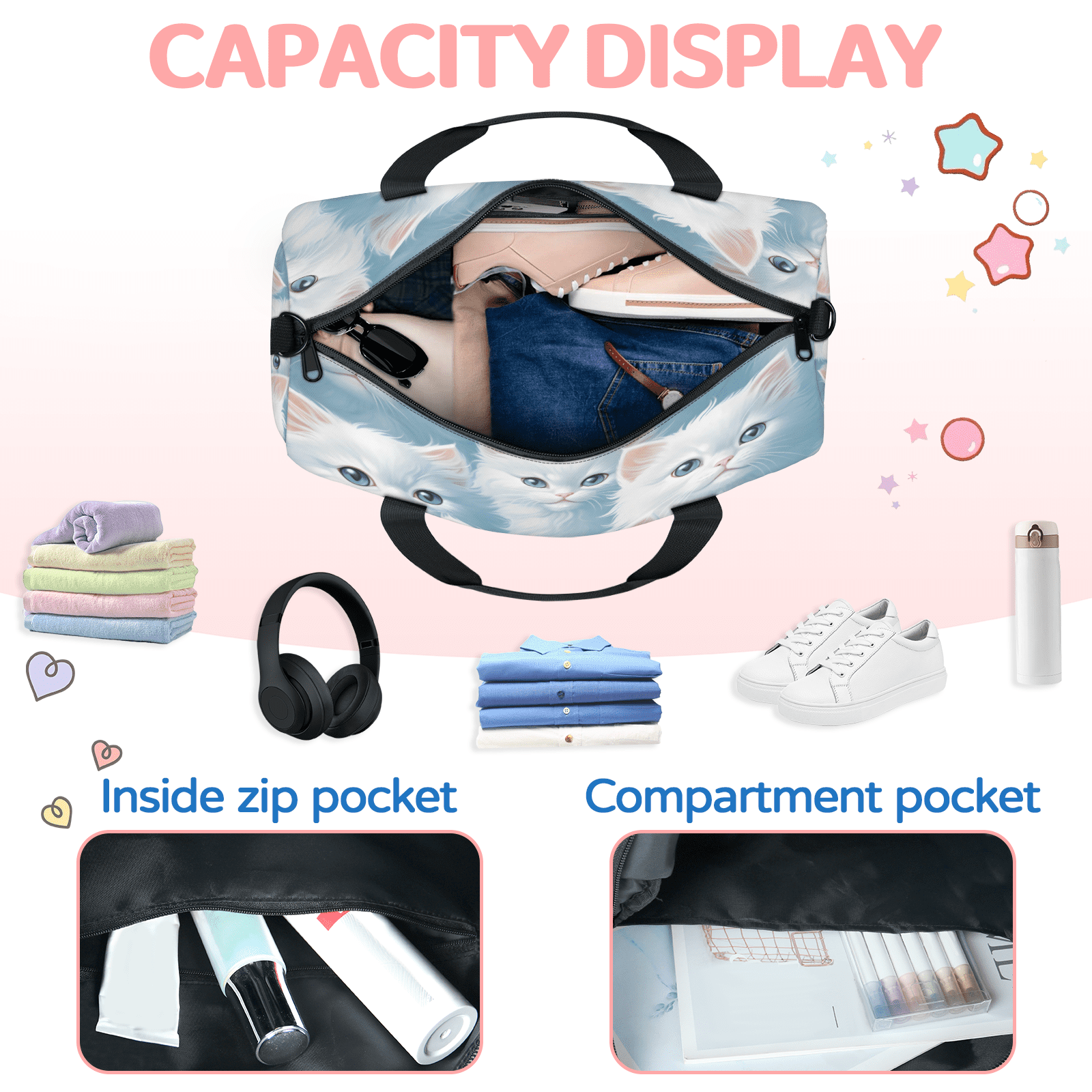 Herdesigns Cat Gym Bag for Women, Duffle Bag for Travel Sport, Cute Cat Lightweight Waterproof Carry on Weekender Dance Yoga Workout Bags
