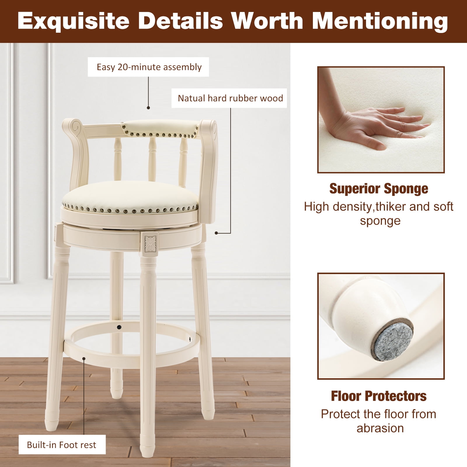 Aulife Bar Stools Genuine Leather Counter Height barstool Wooden Swivel kitchen Stool with Footrest for Kitchen Dining Room(ivory frame-Navy seat, Counter-29.5" seat height)