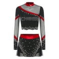 thumbnail image 3 of Aislor Womens 2 Piece Long Sleeve Cheerleading Outfits Crop Tops With Dance Skirt For Rave Dancewear Red XL, 3 of 7