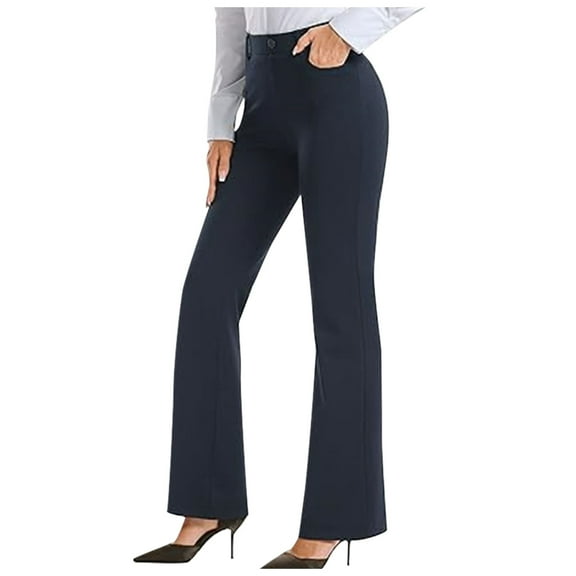 Siilsaa Women Bootcut Dress Pants Business Casual Work Pants with Pockets Pull On Regular Slacks for Office Navy,L