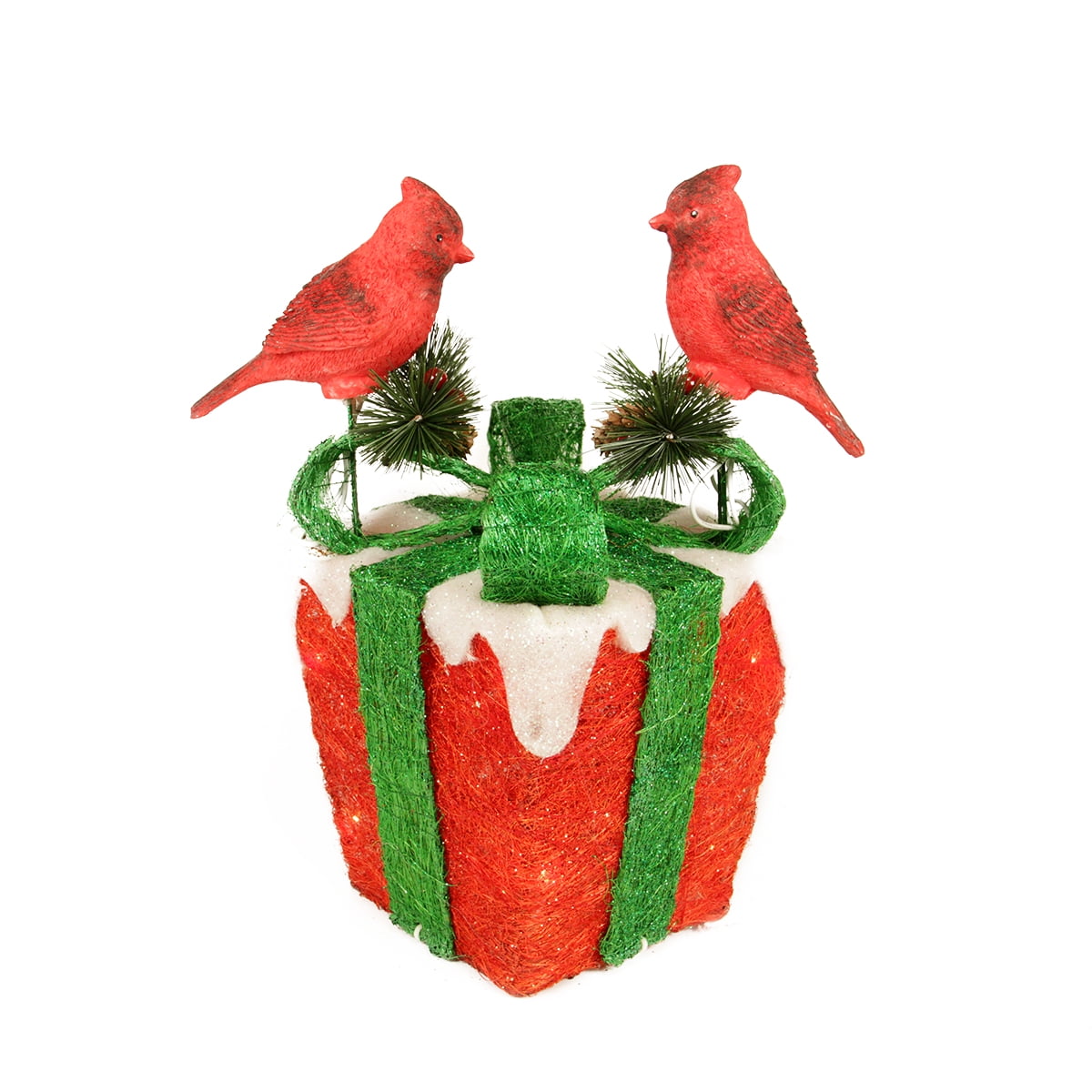 13" Red Sisal Gift Box with Green Bow and Cardinal Birds