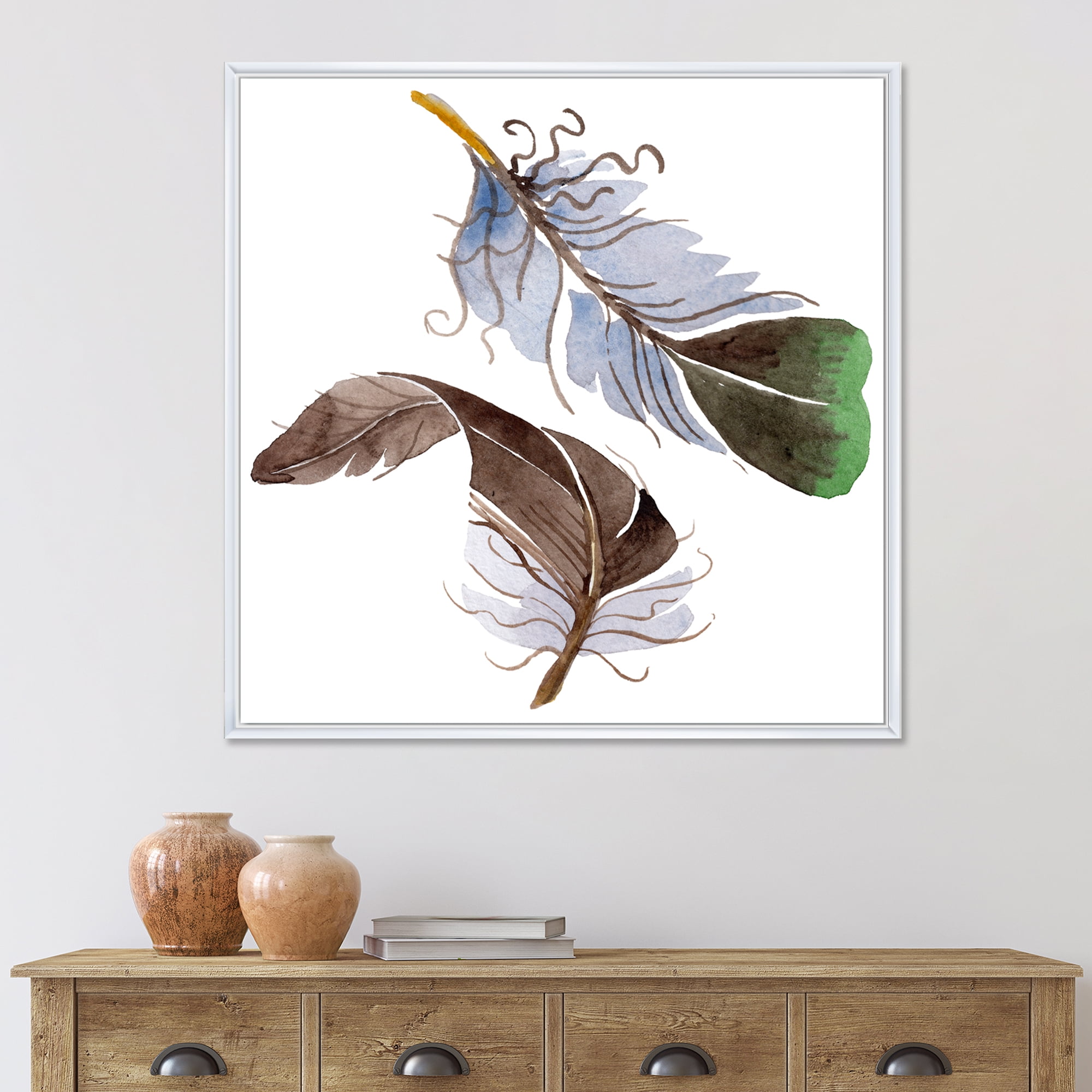 Designart 'Abstract Green Bird Feather From Wing' Bohemian & Eclectic Framed Canvas Wall Art Print