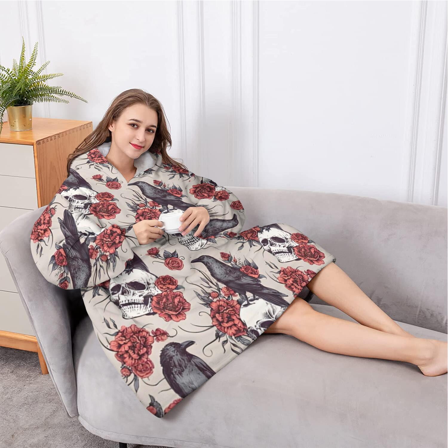 Oversized Wearable Blanket Hoodie,Beige Skull Crow Flower Pattern Sherpa Blanket Hoodie with Super Pockets,Super Warm Fuzzy Pullover for Women & Men