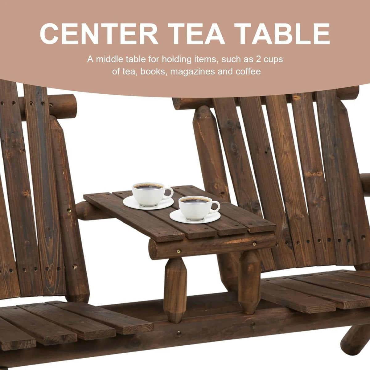 Spaco 2-Seat Wooden Adirondack Chair, Patio Bench with Table, Loveseat Fire Pit Chair for Outdoor, Brown