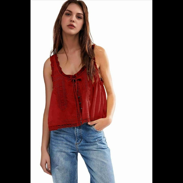Blusas de Verano Bohemias con Lazo Frontal para Mujer, Blusas Playeras de Encaje con Botones, Sin Mangas, de y , Estilo Y2k 2025, Color Vino Tinto, S