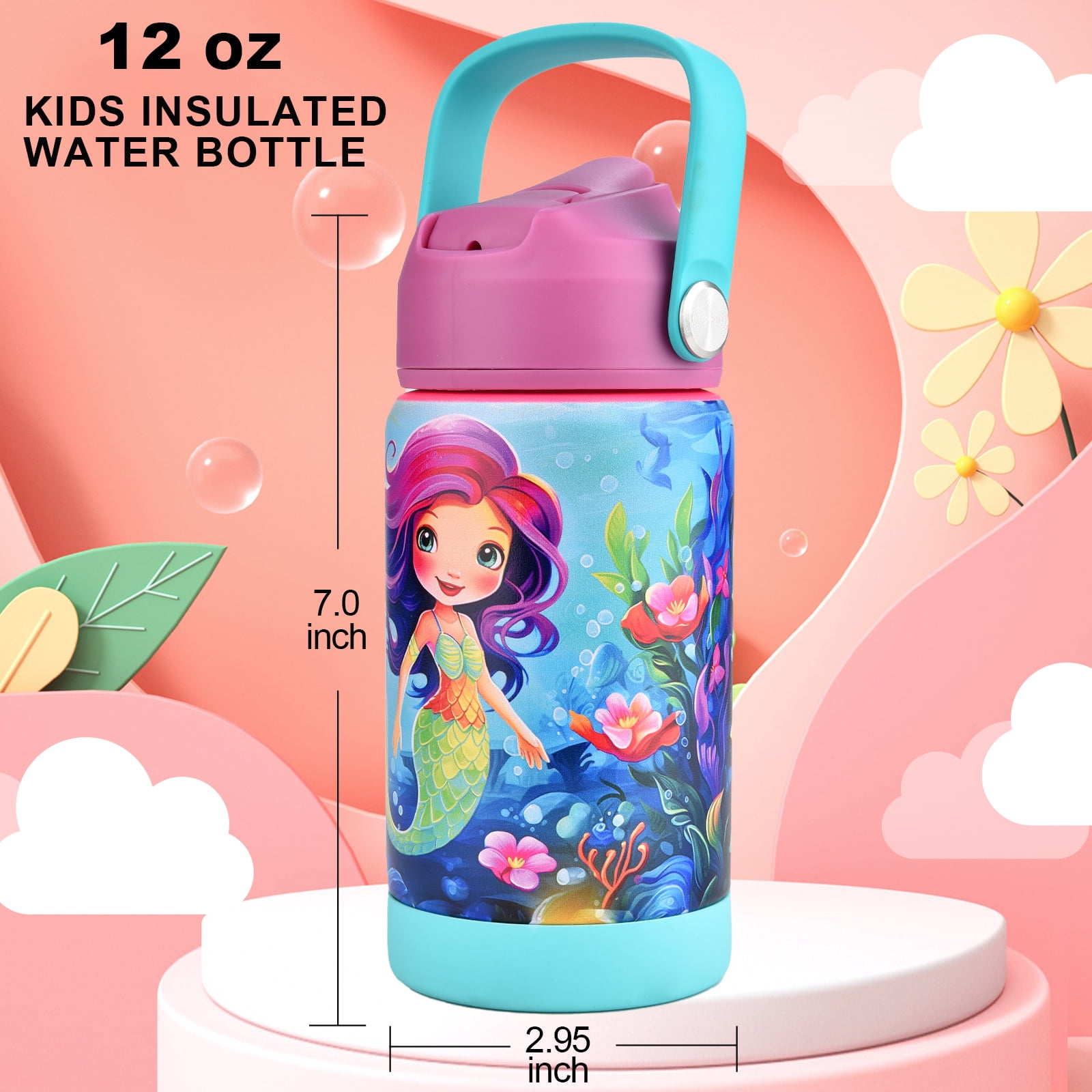 CaseTown 12oz Kids Insulated Water Bottle, Leak-proof Toddler Cup With Straws Lids, Kids Water Bottles For School Boys Girls, Stainless Steel Vacuum Insulated Bottle For Kids (Cute Mermaid)
