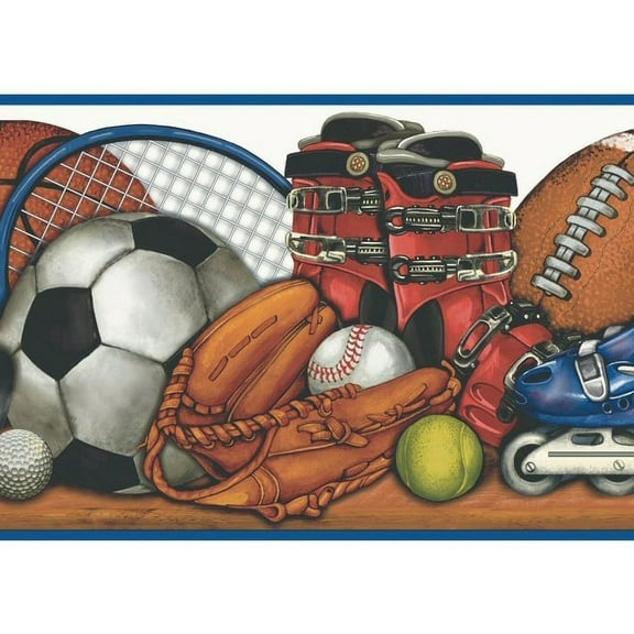 879666 Sports Balls and Equipment on Shelf Wallpaper Border MN5035