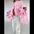 thumbnail image 4 of Blusas Casuales para Mujer, con Mangas Acampanadas, Cuello Alto y Volantes, Camisa de Verano A para Vacaciones. Rosa XL, 4 of 10