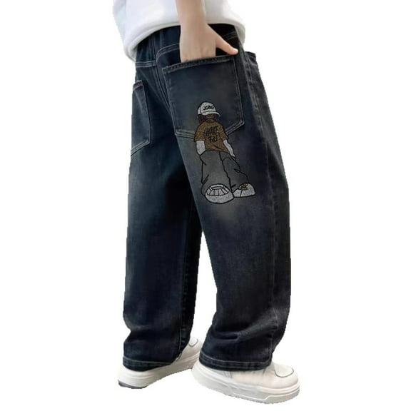 Tfken Jeans For Boys Kids Cartoon Print Straight-Leg Distressed Soft Trousers Blue Size 5-6 Years