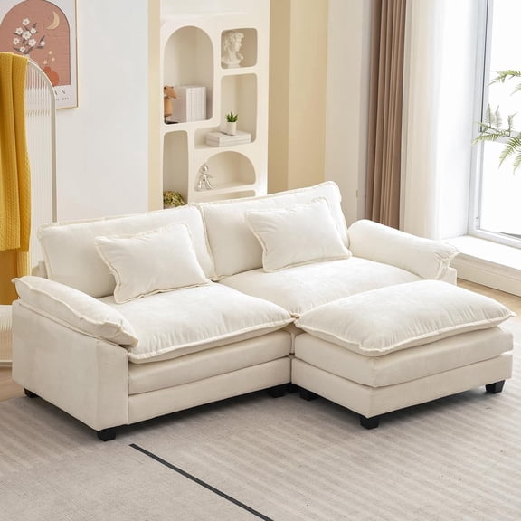IPKIG Sectional Sofa Comfy Cloud Couch for Living Room with Pillows, Modern Chenille Sofa Sleeper Deep Couches with Ottoman (Cream White, 3-Seat)