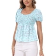 thumbnail image 4 of INSPIRE CHIC Women's Floral Blouse Sweetheart Neck Puff Short Sleeve Smocked Peplum Top Blue Green XS, 4 of 6