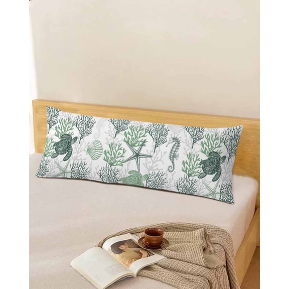 Sage Green Ocean Body Throw Pillow Cover Case, Couch Sofa Bed Pillowcase, Soft Decorative Pillow Protector, Summer Beach Sea Turtle Coral Starfish 20x54Inch Long Reversible Pillow Shams with Zipper