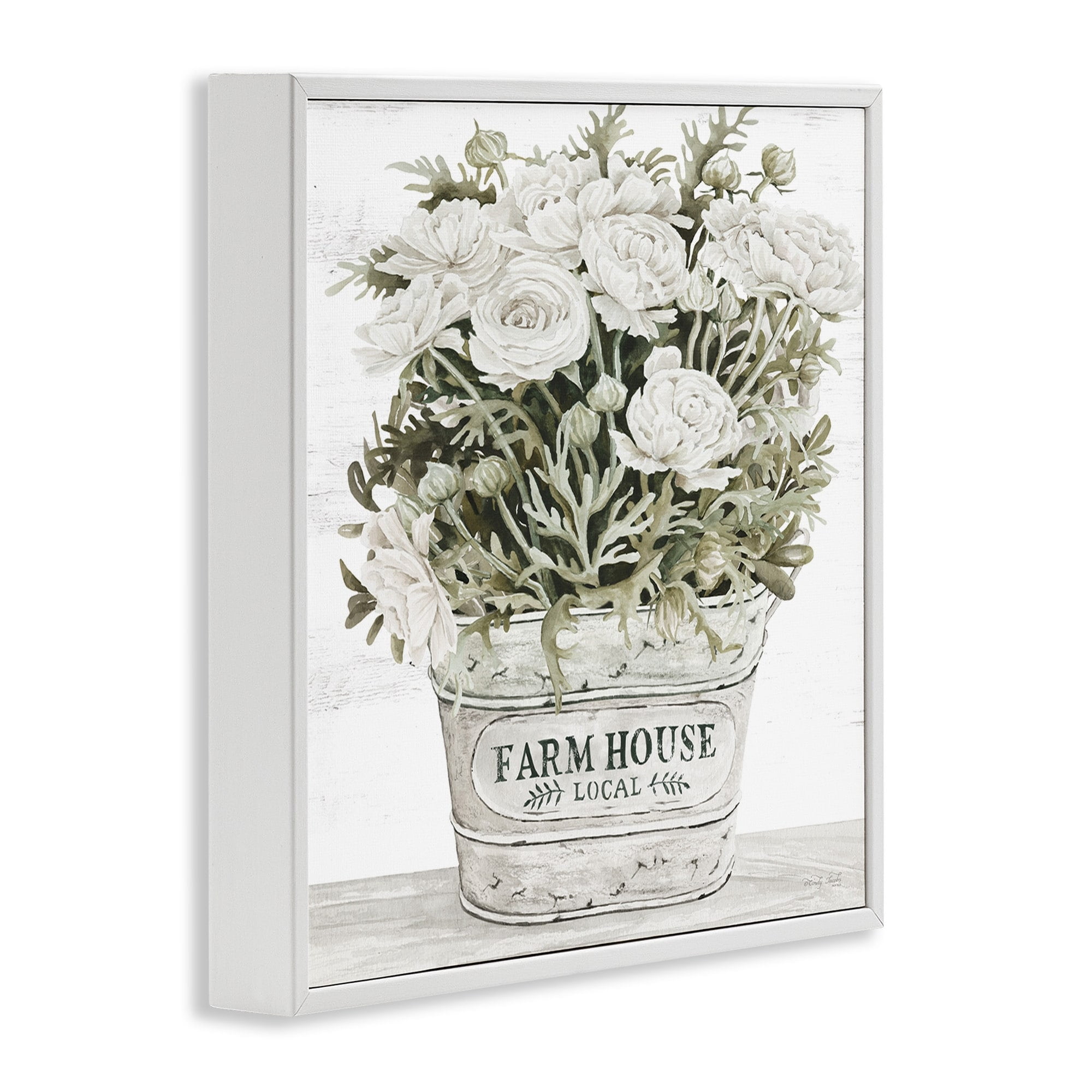 Stupell Industries Farmhouse Planter White Rose Blossoms Rustic Table Painting White Framed Art Print Wall Art, Design by Cindy Jacobs