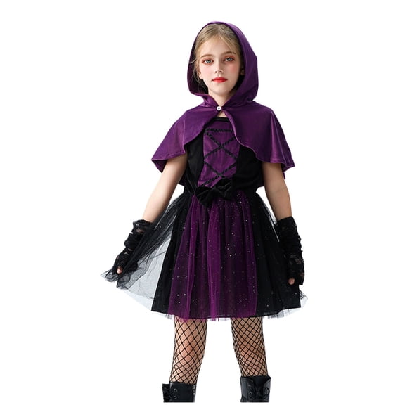 Odeerbi Toddler Girls Halloween Witch Outfits Sequin Tulle Dress with Hooded Cape Set Dress Up Outfit